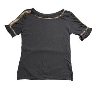 Ann Taylor LOFT‎ Gray Embroidered Fringe Short Sleeve Cotton Tee Shirt Womens S
